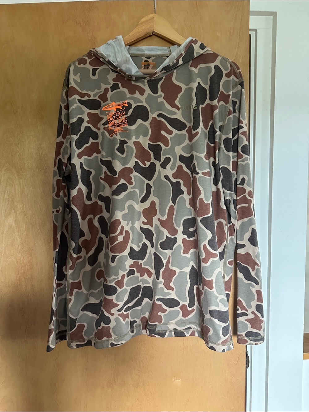 Camo Hooded Long Sleeve Shirt with Orange Accent